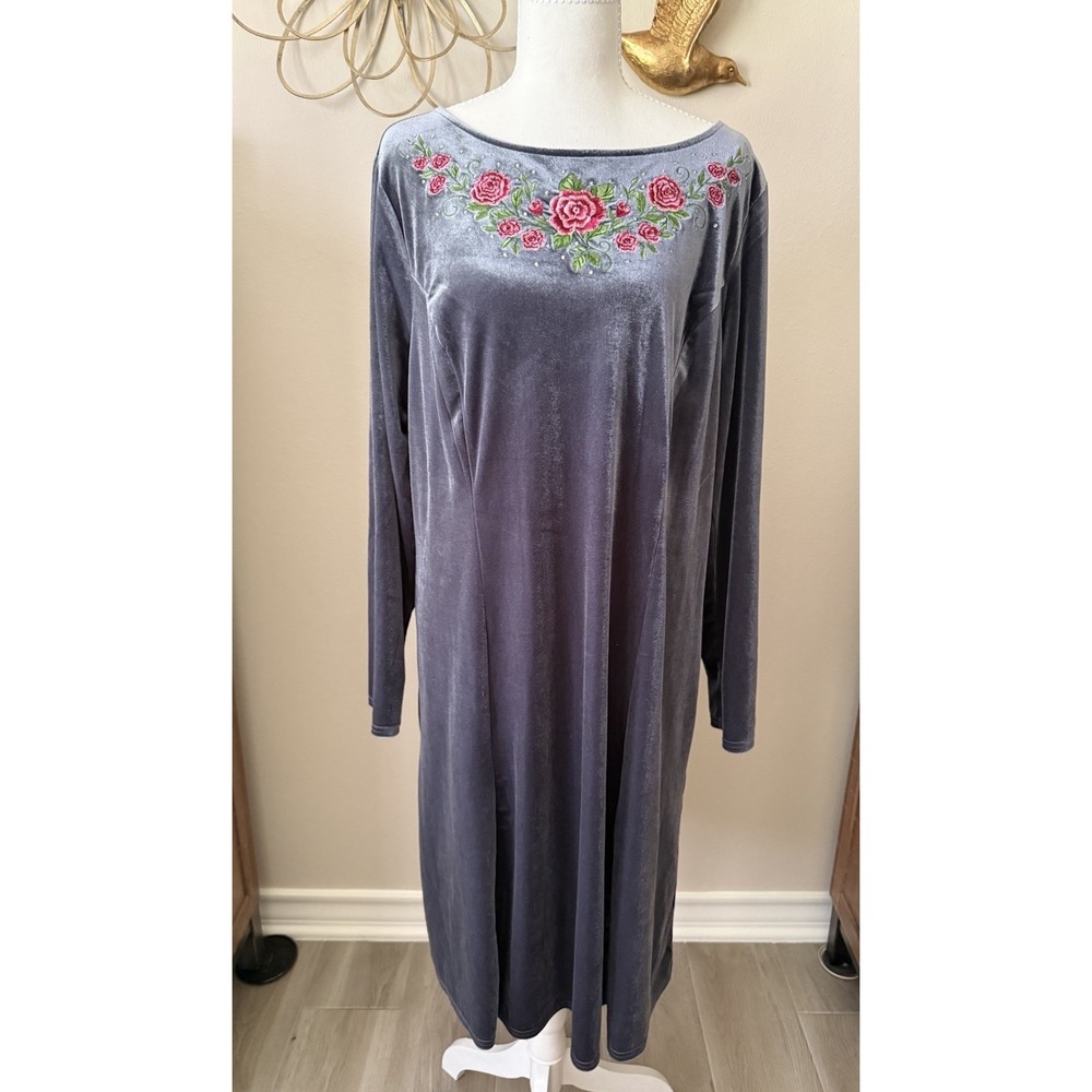 Quacker Factory Velvet Dress L Gray Embroidered Floral Long Sleeve Midi Stretch